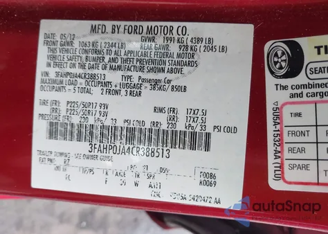 2012 Ford Fusion Sel from USA, damaged, VIN 3FAHP0JA4CR388513